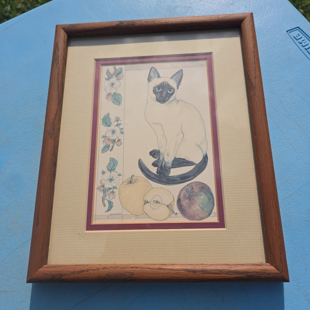 Siamese Cat Flower Fruit Modern Art Nouveau Framed Wall Art Picture Print Signed